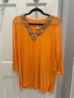 Chico's Bright Orange V-Neck Tunic with Sequin Trim